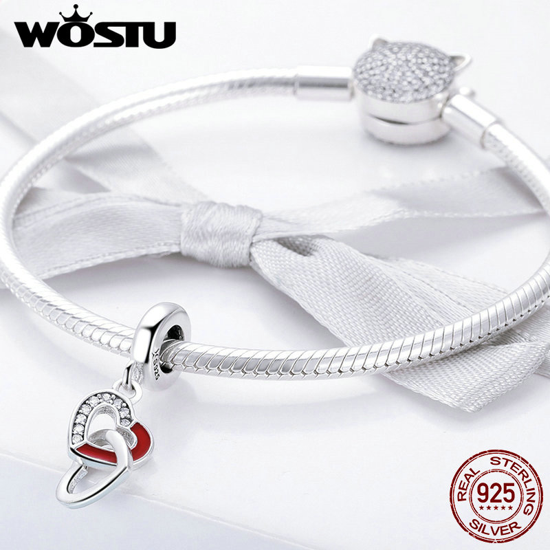 100% 925 Sterling Silver Interlocking Love Heart Charm With Clear CZ Fit Original Bracelet Necklace Authentic Jewelry