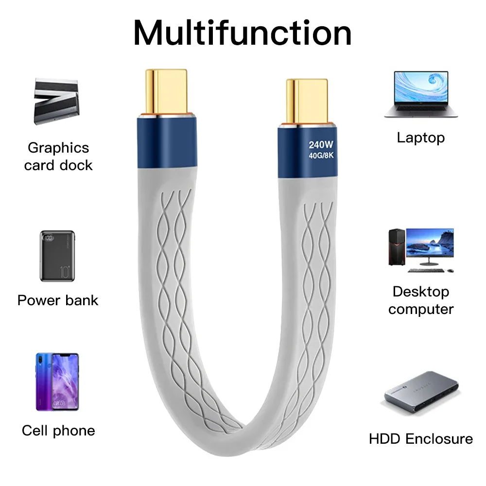 NNBILI 240W 40GB Cable corto USB C a USB C Cable de carga rápida tipo C 40Gbps transferencia de datos 8K Cable de extensión de carga de datos plano