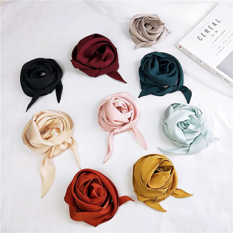 Foulard en soie imitation ruban pour femme, joli foulard solide pour fille, bandeau pour cheveux, poignée de sac, petits foulards