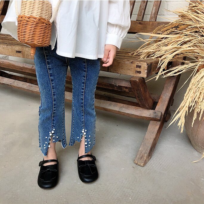 Herfst Meisjes Mode Kralen Boot Cut Jeans Alle-Match Split Jeans Casual Bell Bodem Denim Broek