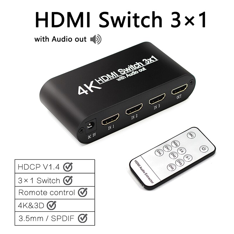 4K Hdmi Switch O Splitter 3 In 1 Out Extractor Adapter Voor 360 PS4 Smart Android Hdtv