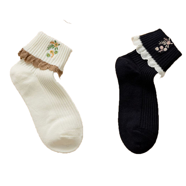 Calcetines con bordes de encaje para Mujer, medias con bordado de flores, Estilo Vintage, invierno, 2 pares: C 2Pair