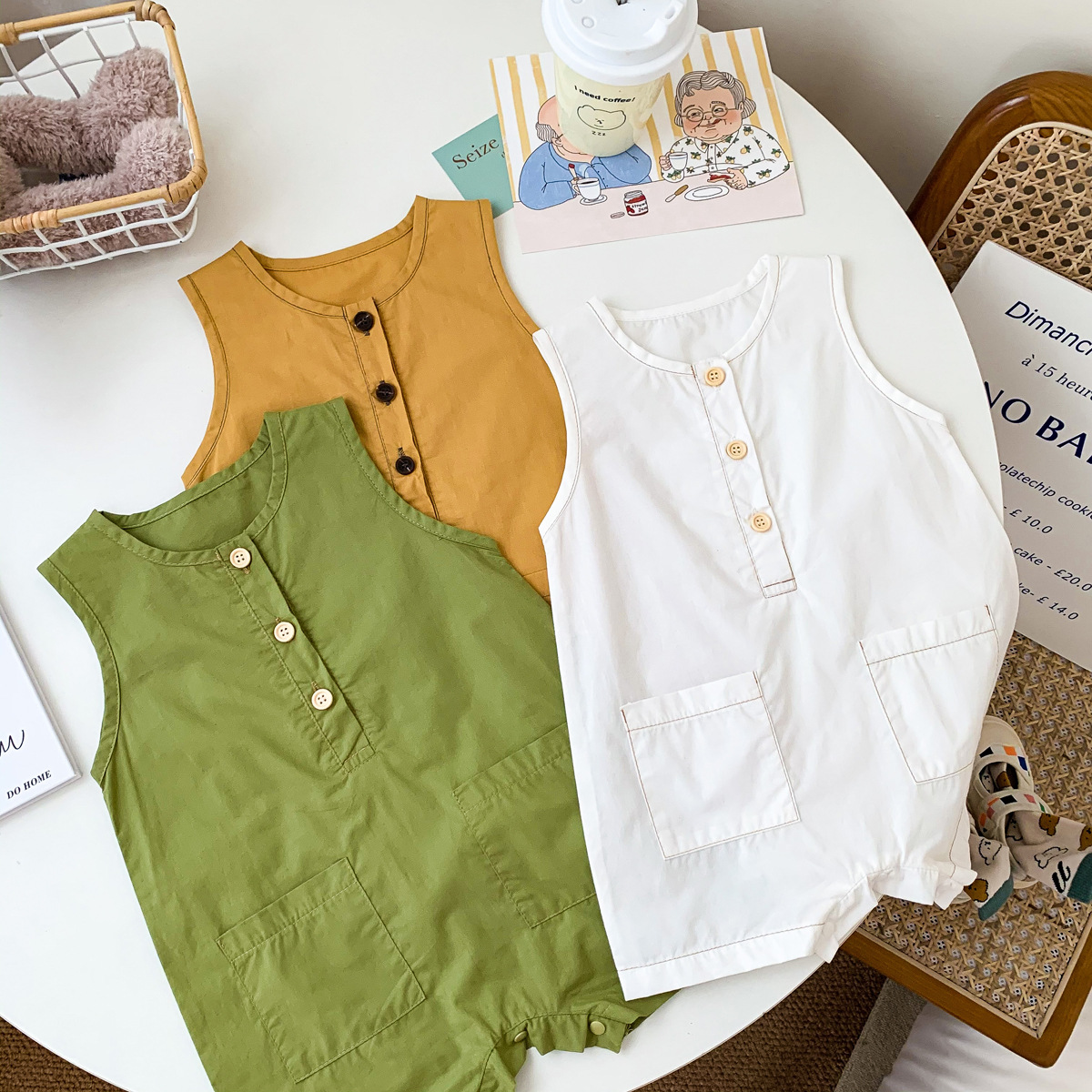 1563B Baby Clothes 2022 Summer New Buttoned Sleeveless Boy&#39;s Straight Climbing ClothesThin Solid Color Baby Girl Bodysuit