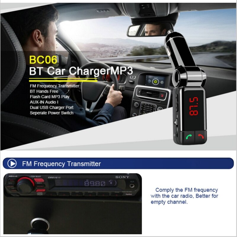 FM Transmitter BC06B LCD Bluetooth Car Kit MP3 SD USB Charger Handsfree for iPhone 5 5S 6 Mp3 Player Aux Input All in Hands Free