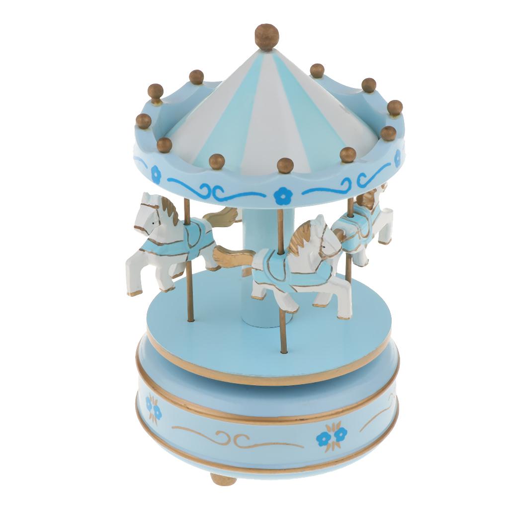 Bonita caja Musical de madera con carrusel giratorio con caballos pequeños, caja de música de cuerda para niños, adorables-Rosa/azul/rojo