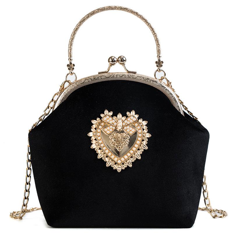 Kvindelig fløjl perle håndtaske vintage velour hjerte aftentaske bryllupsfest brud clutch velour taske pung: Sort