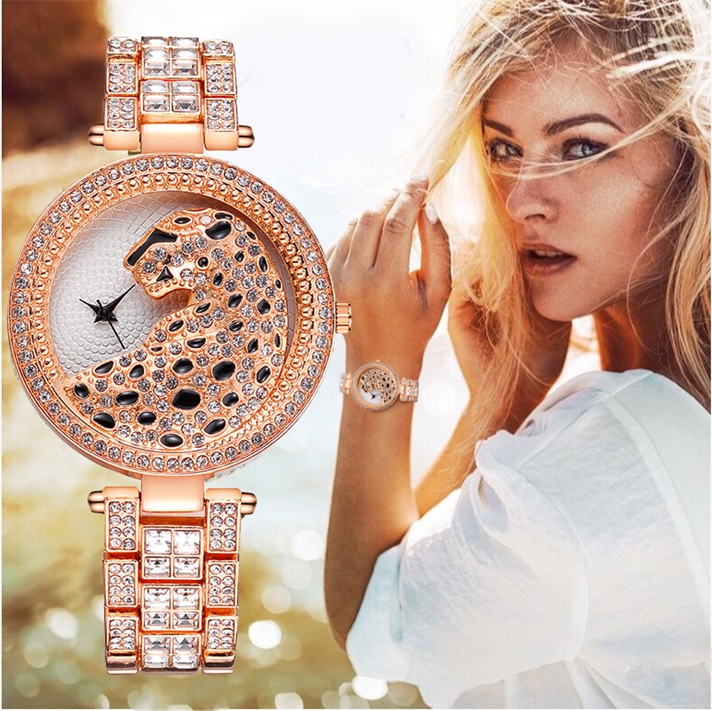 Femmes Rose Or Montre Léopard De Luxe Bling Dames Montre Décontracté Femme Montre À Quartz Cristal Diamant Pour Femmes Horloge