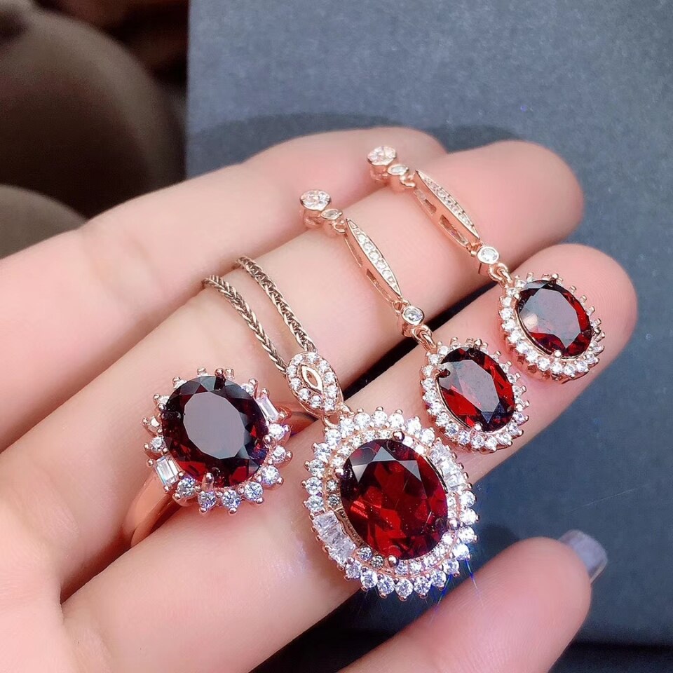 Kjjeaxcmy bene gioielleria Naturale Granato dell'argento Sterlina 925 Nuovo Delle Donne Del Pendente Della Collana Anello Orecchini impostato Supporto di Prova Bella