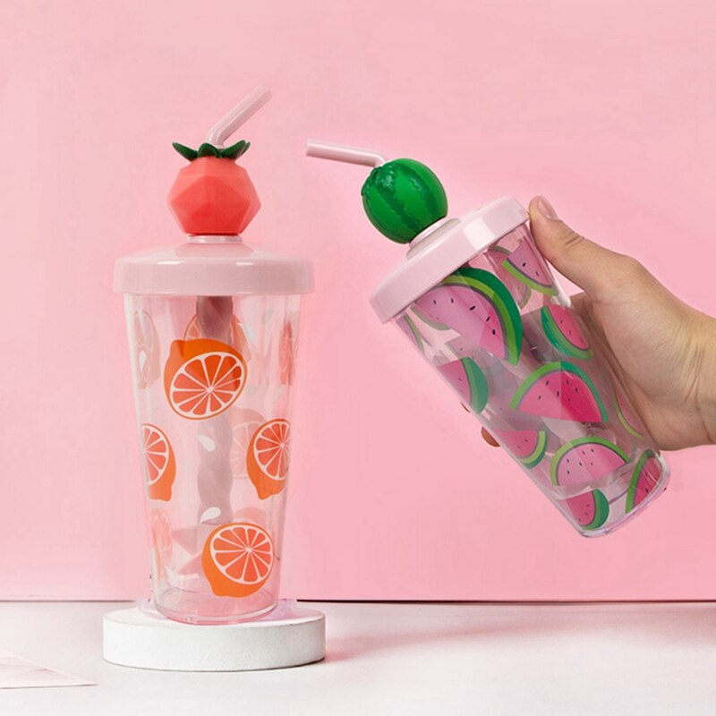 Colorful Fruit Mixing Cup Double Layer Transparent Straw Cup Summer Cold Drink Popular Handy Cup