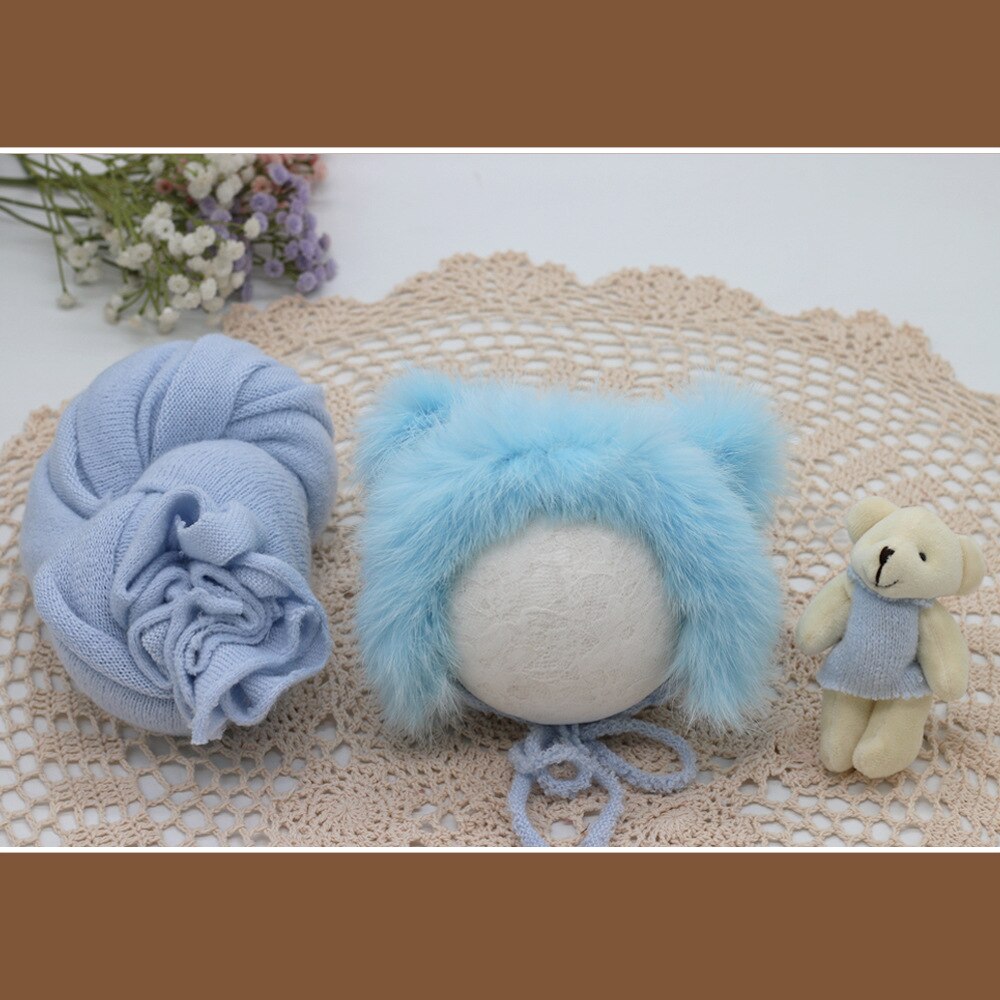 3pcs/set Newborn Photography Props Blanket Hat Baby Photography Wrap Props Bear Doll Baby Photo Shoot Accessories