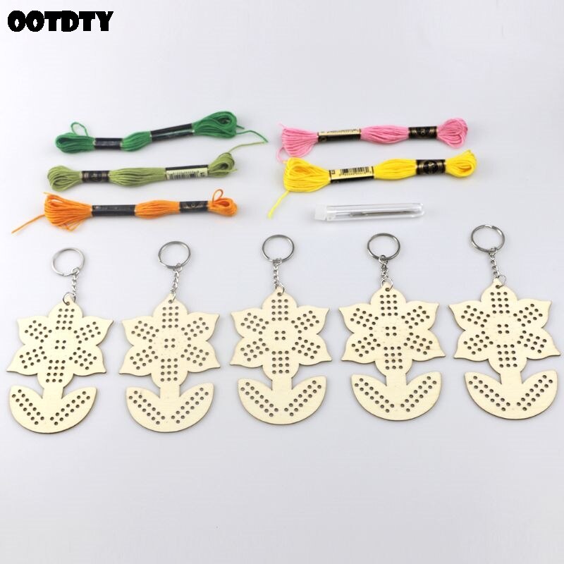 Llavero con bordado de girasol de punto de cruz de madera, anillo con hilo de lana, Kit DIY para manualidades, bolsa de ropa, decoración para niños y adultos