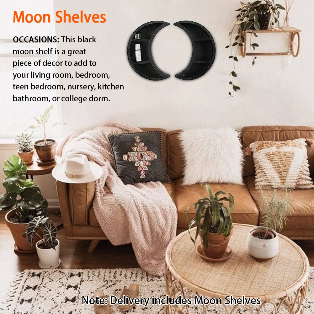 2pcs Display Rack Living Room Home Decor Space Saving Easy Install Sundries Rustic Crystals Wall Hanging Wooden Moon Shelf