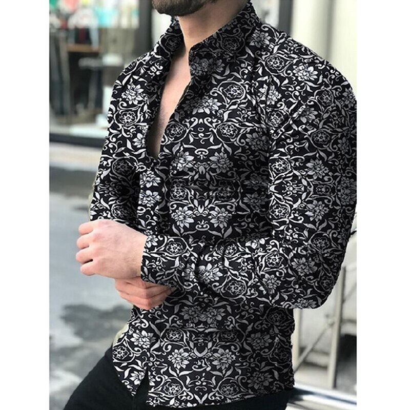 Neue herren Langarm Herbst lässig Taste-Nieder Hemden oben Blumen- drucken Männlich Geschäfts Schlank Muskel Spitzen