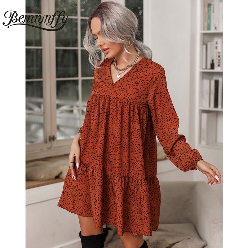 Benuynffy v-hals print ruche zoom smock jurk lente vrouwen boho mini jurken lange mouwen vrouwelijke casual losse jurk