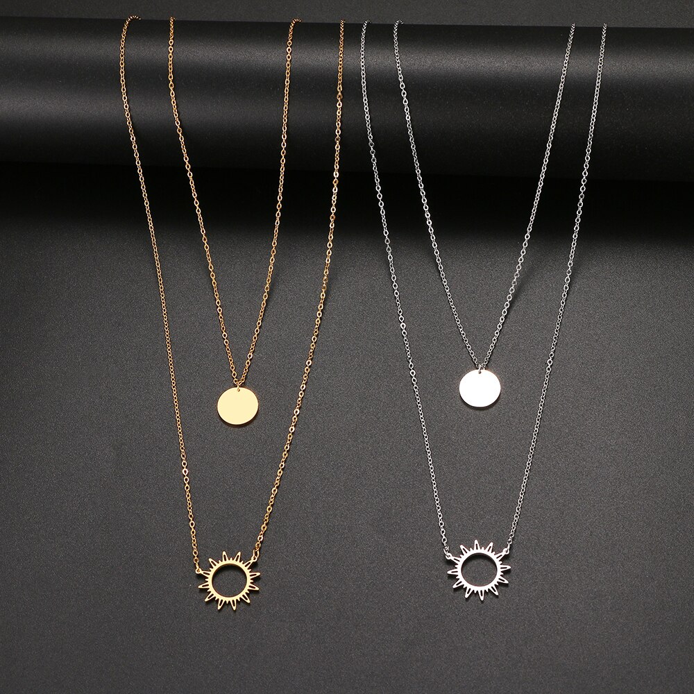 Ciondolo in acciaio inossidabile fiore di sole e collana geometrica rotonda in stile multistrato per gioielli da donna regali per amici 2022 nuovo