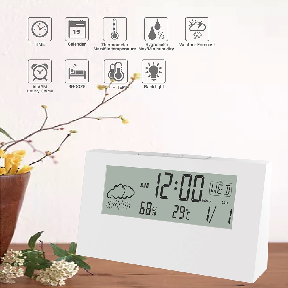 Reloj despertador eléctrico LCD de escritorio, reloj blanco con calendario y temperatura Digital, humedad, moderno, para el hogar y la Oficina, funciona con pilas