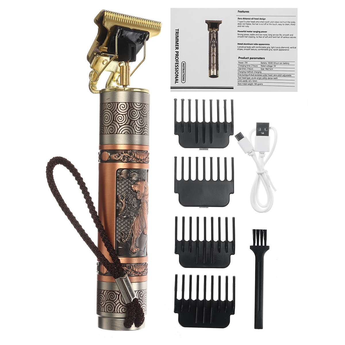 USB Bald Head Hair Clipper Trimmer Heavy Hitter Shaving Rechargeable Cordless Hair Cutter Buddha Dragon Tiger 0mm T Blade Head: Type 1