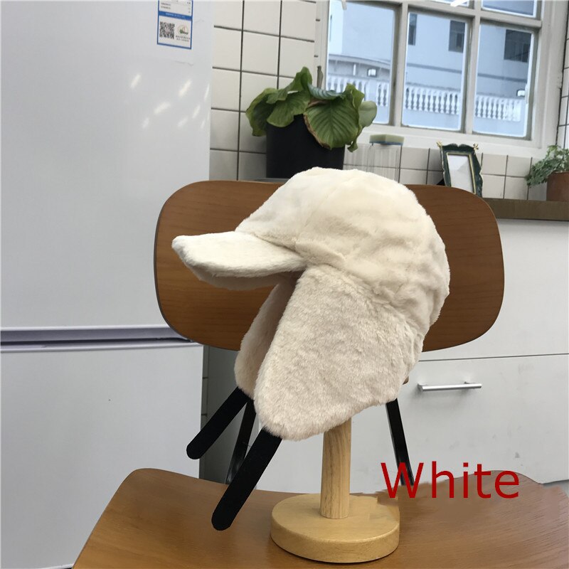Gorros de lana con capucha para mujer, gorro de lana estilo aviador, cálido, para esquiar, Otoño e Invierno: Blanco