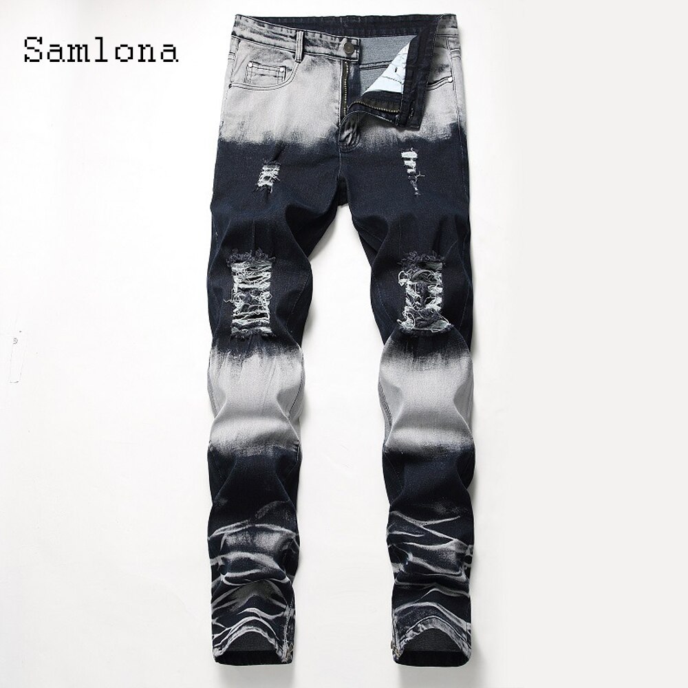 Samlona printemps automne hommes jean Demin pantalon minceur bas Pacthwork Denim pantalon grande taille hommes trou déchiré pantalon: 42