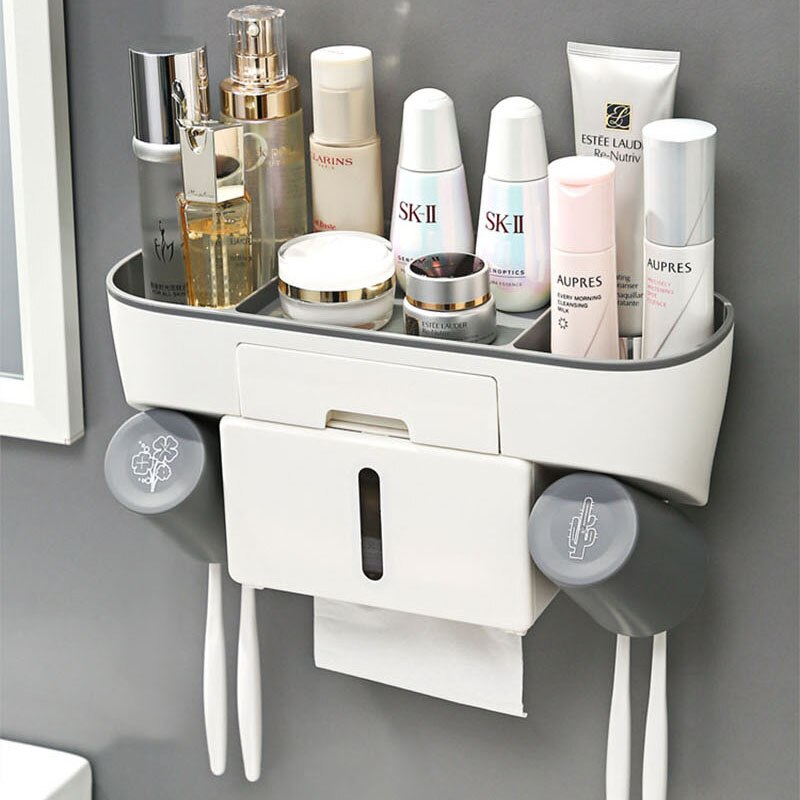 Punch-free Toothbrush Rack Porous Upside-down Draining Storage Box Toothpaste Squeezer Dispenser Bathroom Accessories