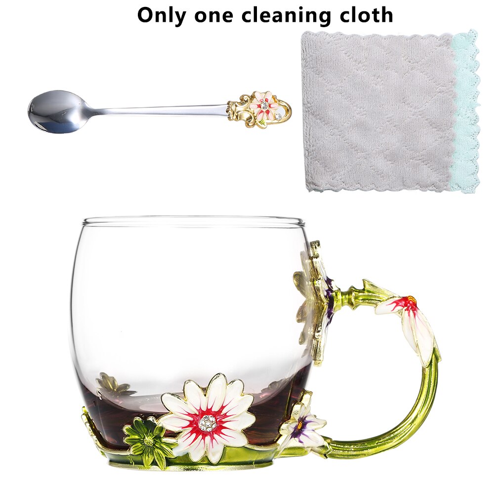 FenKicyen Enamel Glass Cup Red Blue Rose Flower Coffee Cup Wine Cocktail Glasses Tea Mug With Spoon For Lover 320-350ml 1pc: Green Daisy-320ml