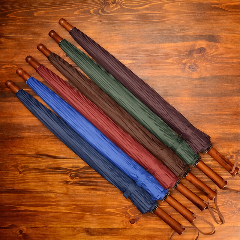Outdoor Travel Long Wooden Handle Umbrella Windproof Umbrella 24K Long Umbrella Men'S Women'S Solid Color