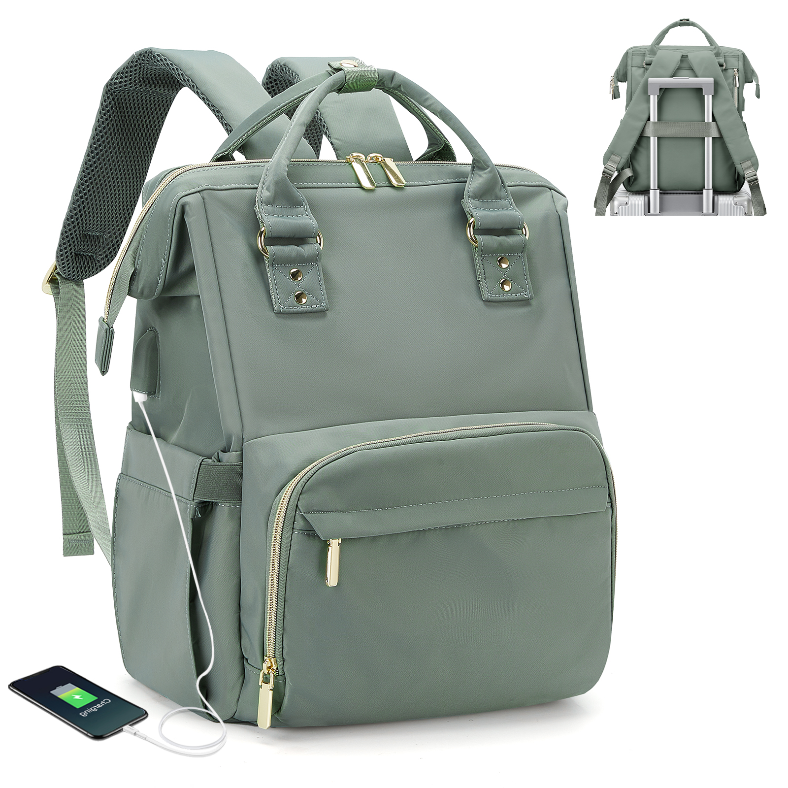 Laptop Backpack for Women Water Resistant Travel Work Backpacks Purse Stylish Business Teacher Nurse Computer Bag with USB Port: green