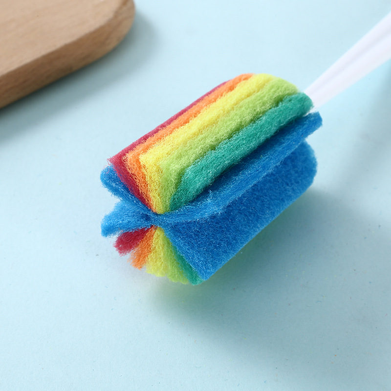 Spazzola in spugna arcobaleno per neonato, bottiglia d'acqua, tazza, tazza, spugna per lavaggio vetro, spugna per pulizia, con manico, utensili per la pulizia