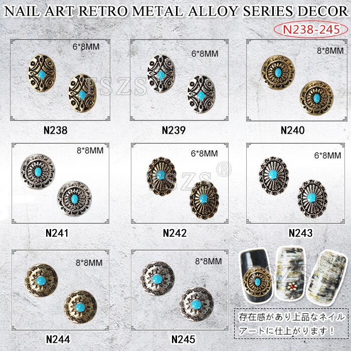 10 stks/partij 3D Glitter Nail Art Sticker Retro ovale ronde Legering Nageldecoratie