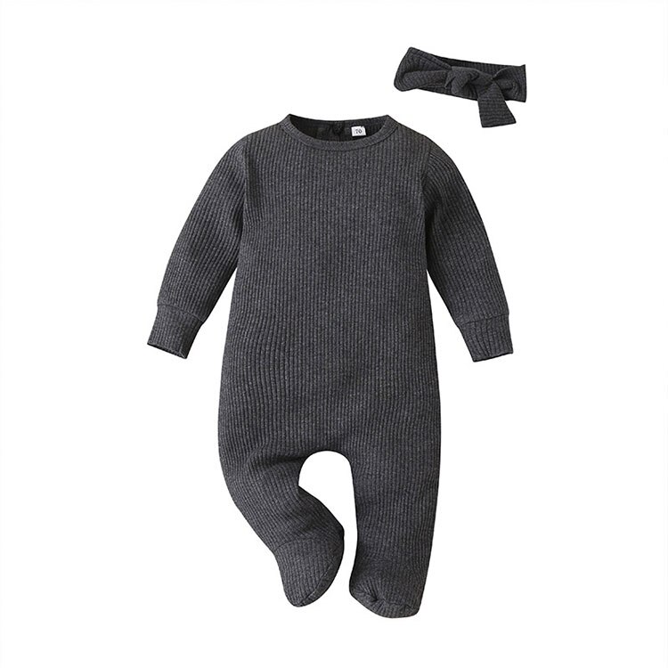 Macacão infantil de algodão, macacão de algodão da moda para bebês recém-nascidos de manga longa, com lenço e roupas infantis para primavera e outono, 0-9 meses: Gray / 9 m
