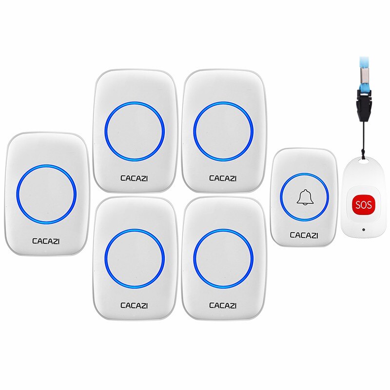 CACAZI Smart Home Wireless Pager Doorbell Old man Emergency Alarm 80m Remote Call Bell 1 Button 1 Pager 5 Receiver US EU UK Plug: white 1x5 x sos / AU
