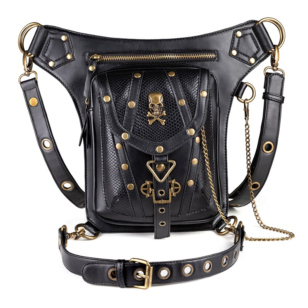 punk głaz kobiety talia torba Steampunk nity czaszka portmonetka Crossbody ramię motocykl upuszczać noga pasek torba biodro chmiel ulica sakiewka Pakiet: czarny