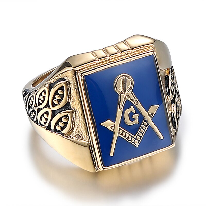 Masonic Ring Free Mason Stainless Steel Freemasonry Ring Freemason Gold For Men AG Jewelry Punk Blue Enamel Size 8-13