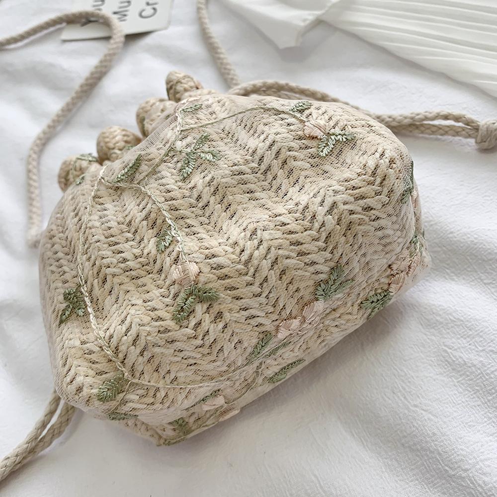 Female Casual Embroidery Lace Flower Decor Shoulder Handbags Women Straw Drawstring Crossbody Messenger Bags bolsa feminina