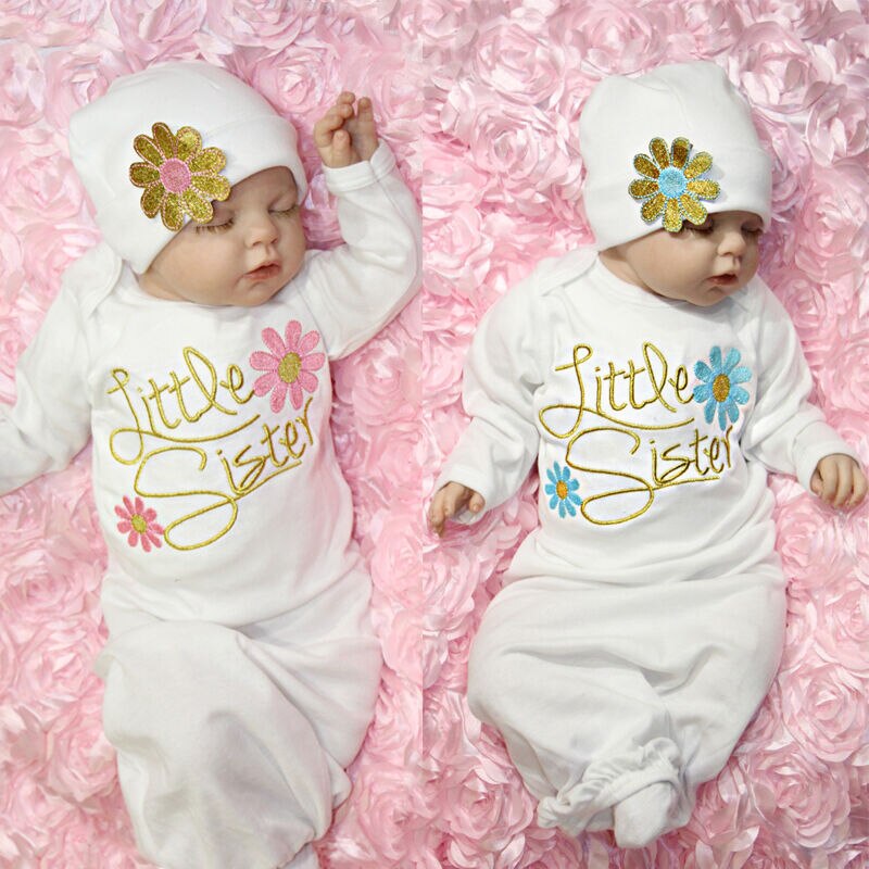 Katoen Bloem Zusje Baby Meisje Kleding Coming Home Rompertjes outfit Baby Kleding Hoed Leuke 2 stuks Set