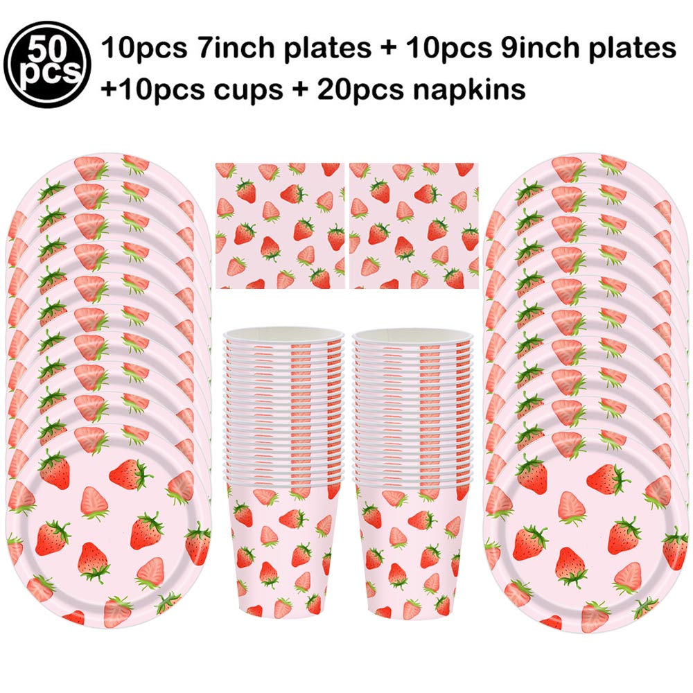 Aardbei Thema Feestservies Set Papieren Borden Servetten Plastic Tafelkleed Zomer Fruit Feest Verjaardag Babyshower Benodigdheden