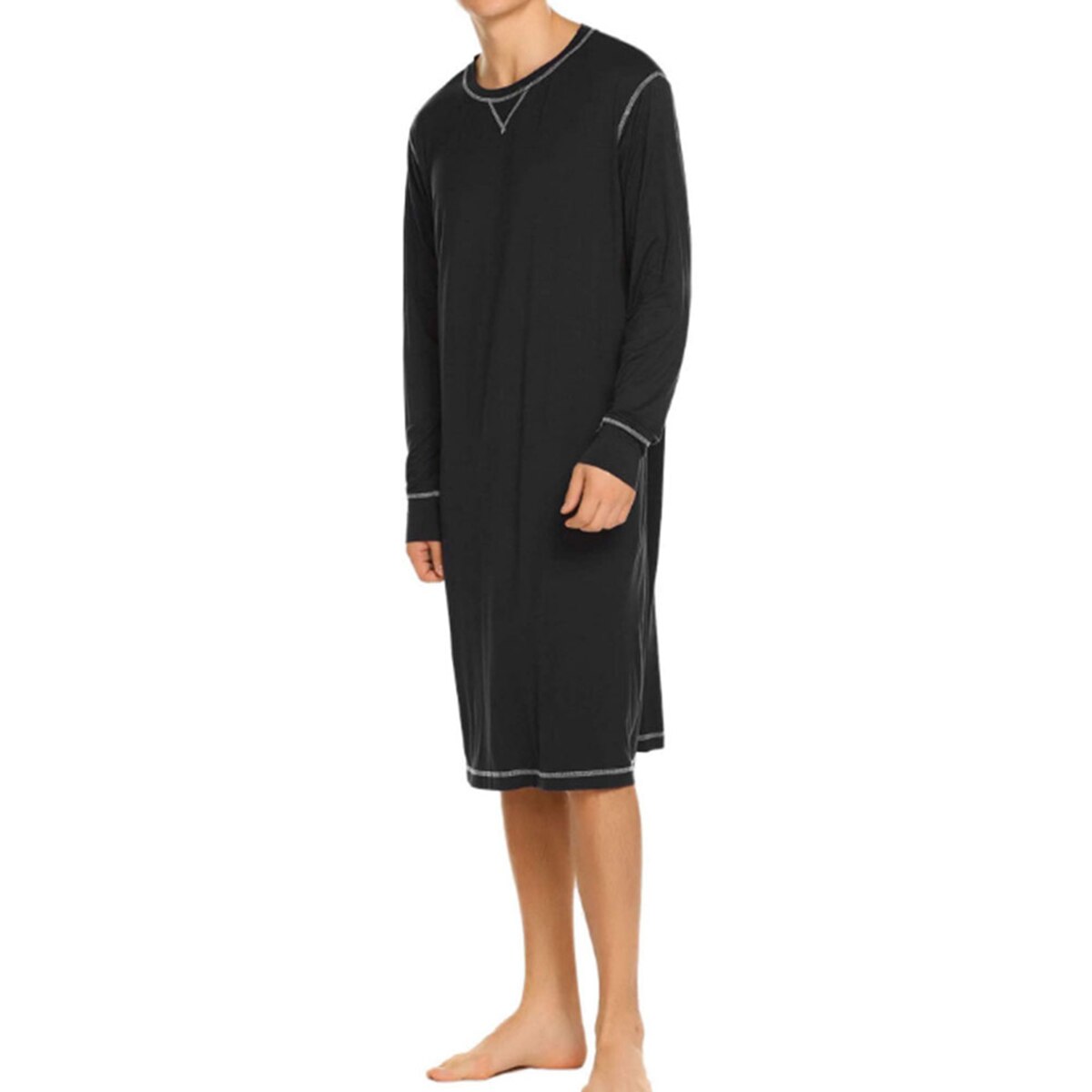 Pyjama de couleur unie pour hommes, vêtements de nuit à manches longues et col rond de Style décontracté à la