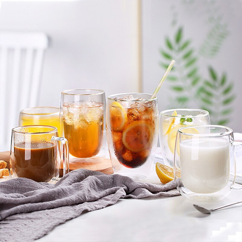 Double Walled Glass Insulated Coffee Mugs Clear Glass Tea Cups for Coffee Tea Juice Milk Latte Cappuccino and Cold Drinks