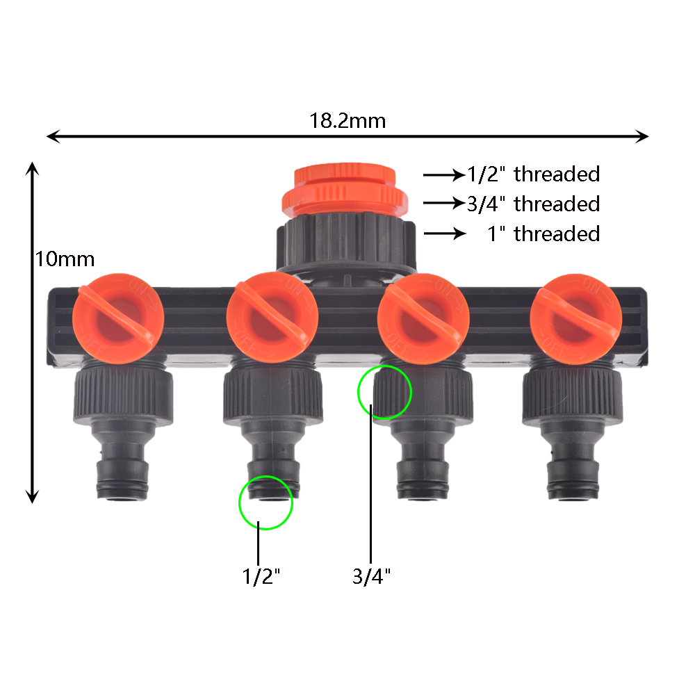 1/2'' 3/4'' 1'' Water Tap Splitter 4-Way Outlet Garden 4/7mm 8/11mm Watering Hose Adaptor Drip Irrigation for Greenhouse