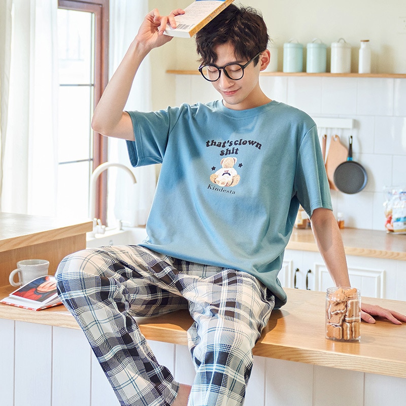 SONG-Conjunto de pijama de algodón para hombre, pantalones largos de manga corta y cuello redondo, con bonito de dibujos animados a la , para el hogar, 2 piezas, novedad de verano y otoño de