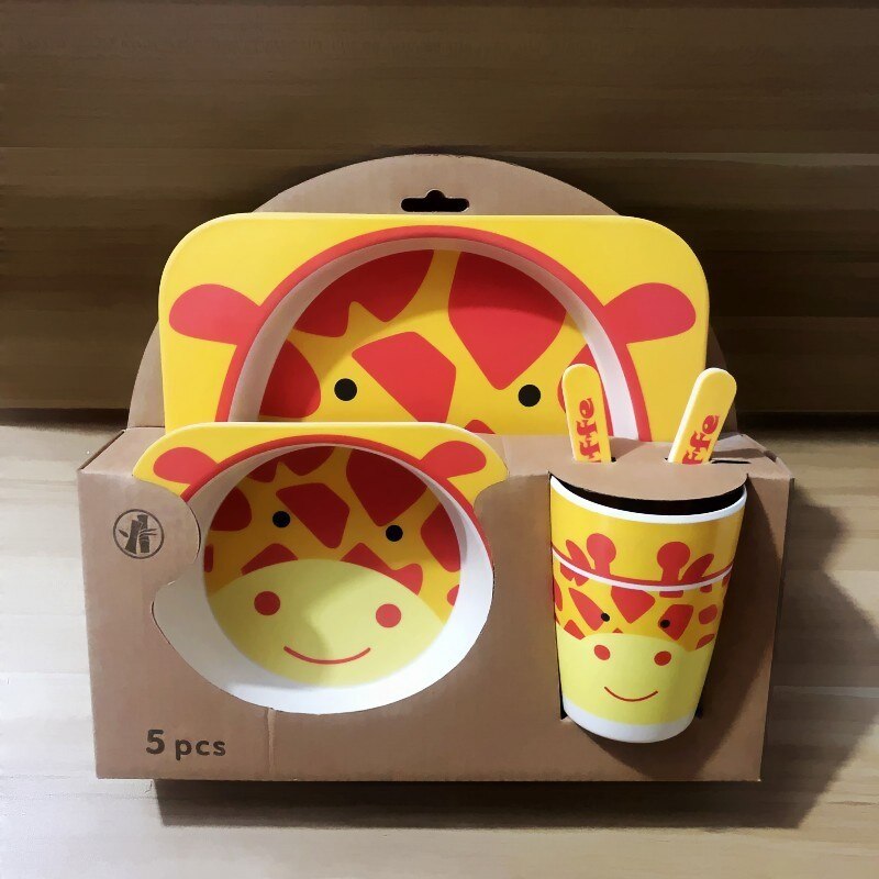 5pcs/set Baby Dish Tableware Children Cartoon Feeding Dishes Kids Natural Bamboo Fiber Dinnerware With Bowl Fork Cup Spoon Plate