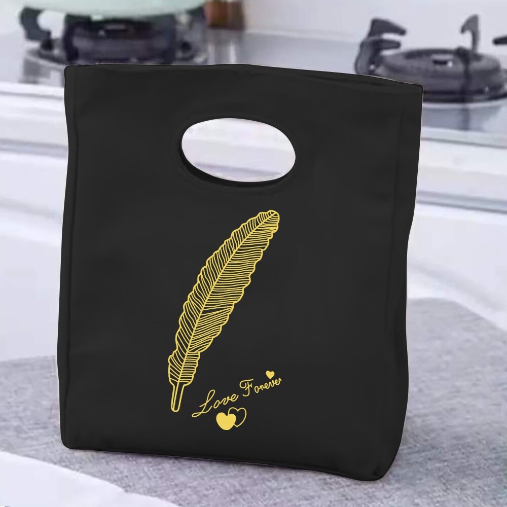 Lunch Bag Handle Insulation Cooler Bag Lunch Box Picnic Travel Portable Food Storage White Picture Printed Thermal Food Bag: Ivory