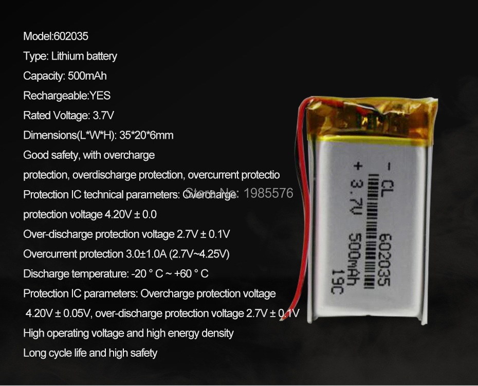 3,7 v 500 mah 602035 lithium-ion polymer battery 602035 for dvr gps car tachographs bluetooth headphones battery