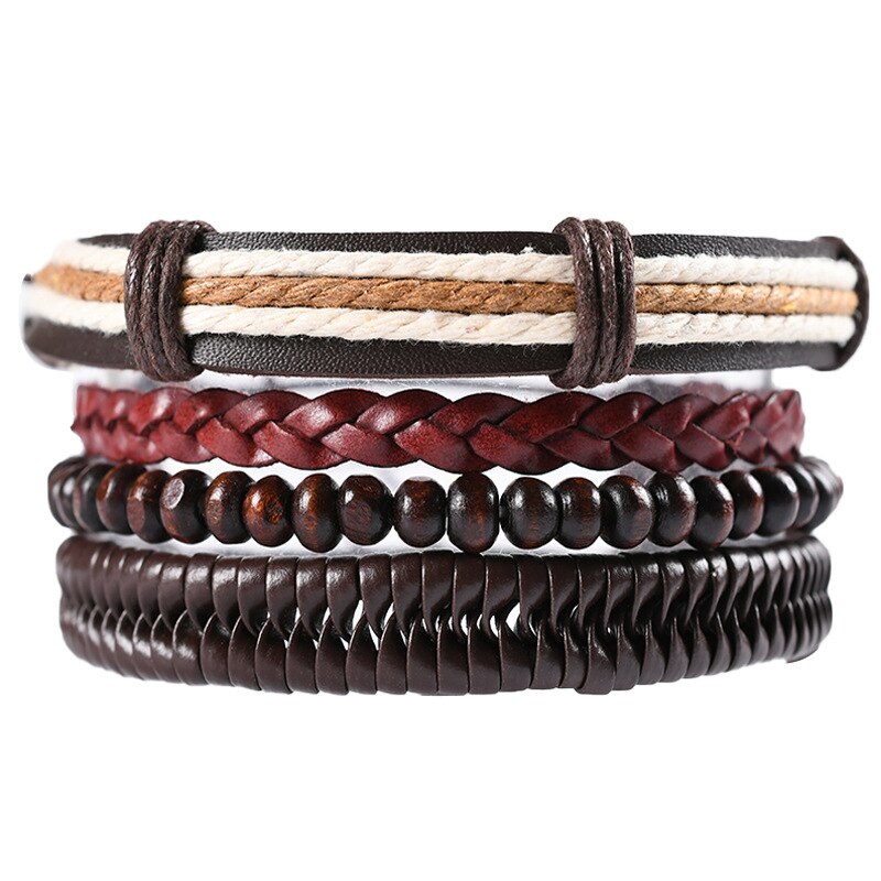 KaiMin 4pcs/ set Adjustable Leather Bracelets for Men Braided PU Black Brown Bangle Life Tree Leaf Rudder Charm Bracelet: JW8034-6