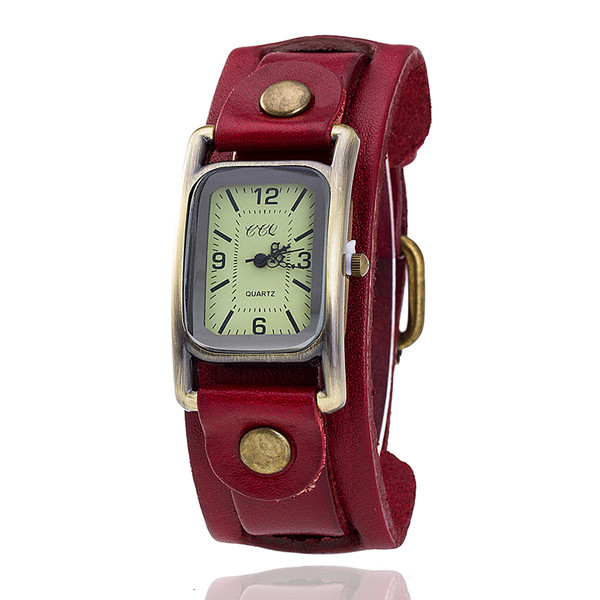 Ccq vintage ko læder armbåndsur casual dame armbåndsur antikt kvarts ur relogio feminino: Rød