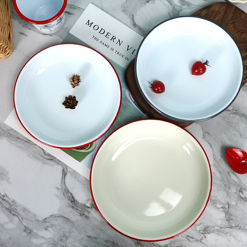 Enamel Round Plate Home Dining Plate Chinese Simple Flat Plate Retro Plate Restaurant Decorated Plate Shallow Plate