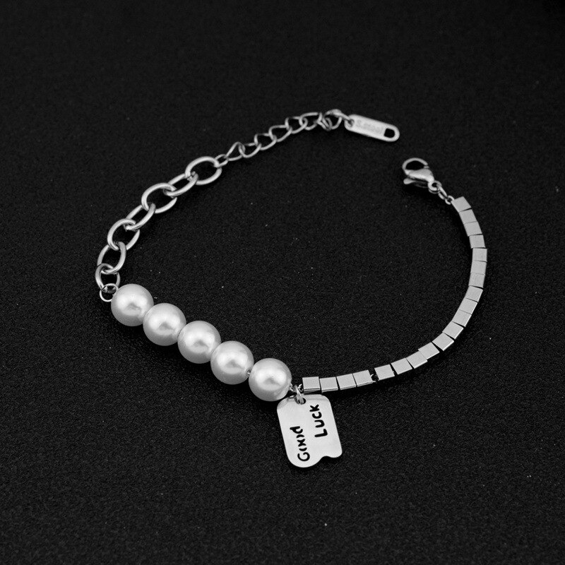 2022 Koreaanse Golf Rvs Parel Vierkante Stiksels Geluk Armband Ins Celebrity Sieraden