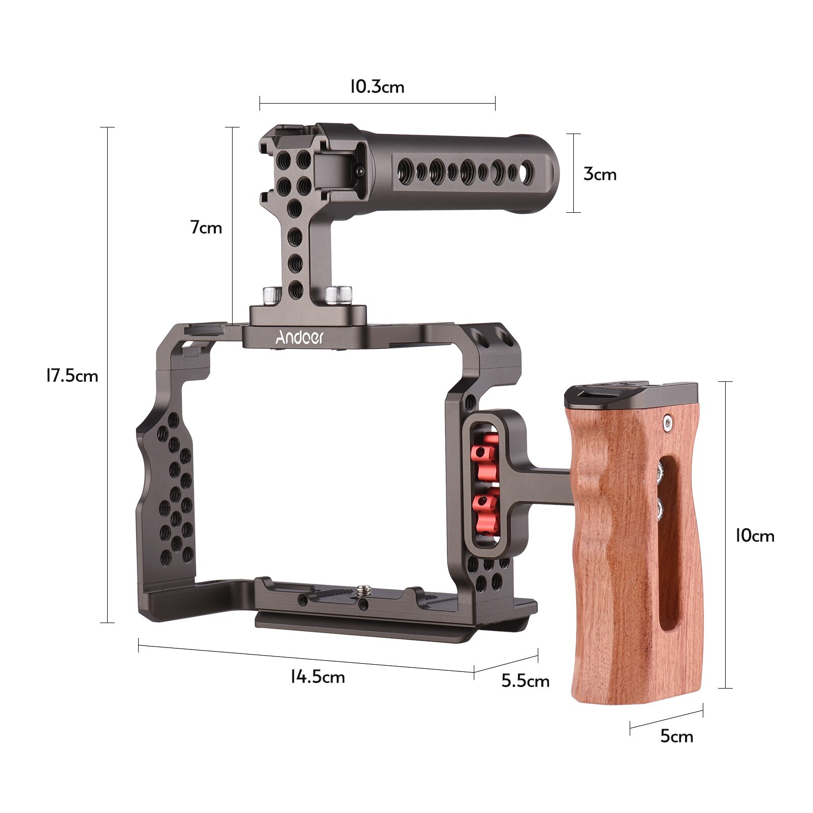 Andoer Kit gabbia per fotocamera in lega di alluminio con Video Rig maniglia superiore sostituzione impugnatura in legno per Sony A7R III/ A7 II/ A7III