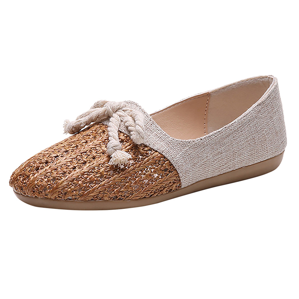 Women Flat Loafers Shoes Knit Cane Hollow Out Girl Ladies Casual Shoes Country Natural environment Wear: Brown / 36
