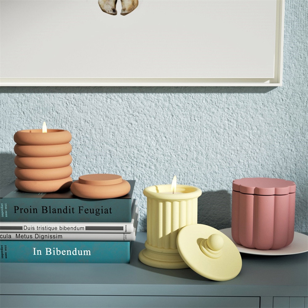 Nicole – Pot à bougie en béton avec couvercle, moule en Silicone, ciment, récipient à bougie, rond, romain, Pot de rangement en Terrazzo, outil de décoration pour la maison